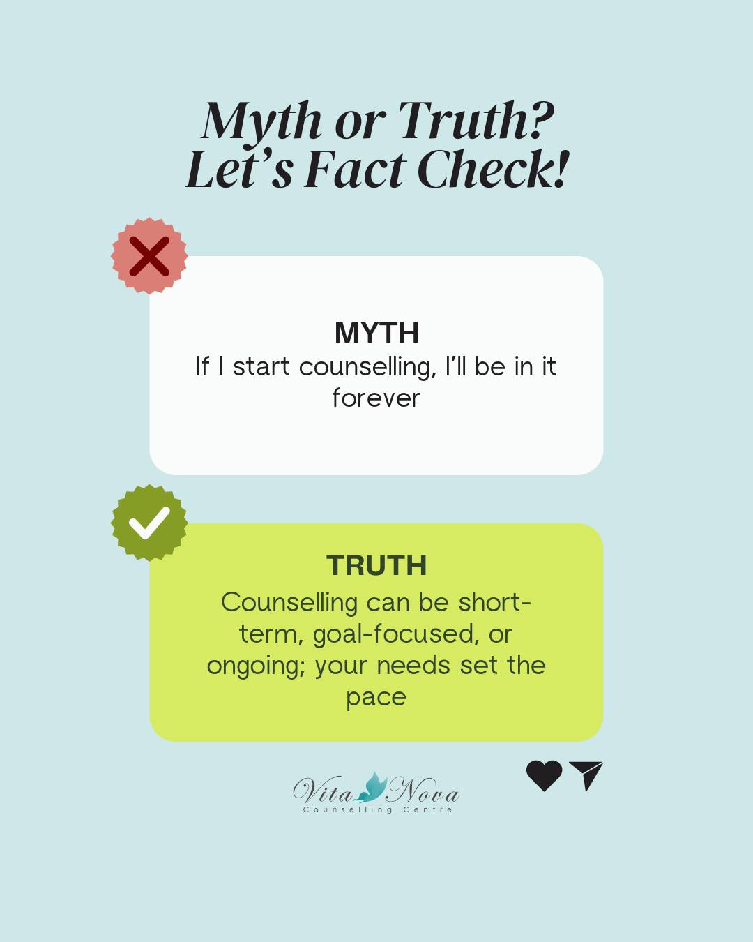 Let's unpack a few COUNSELLING MYTHS!
❌ MYTH: If I start counselling, I’ll be in it forever!
✅ FACT: Counselling can be short-term, goal-focused, or ongoing; your needs set the pace.
Counselling doesn’t have to be forever. Some people need just a few sessions to reset, others appreciate longer support. You decide what works for you.
To secure a session with one of our counsellors, visit:
vitanova.co.za
#FlexibleSupport #YourHealingJourney