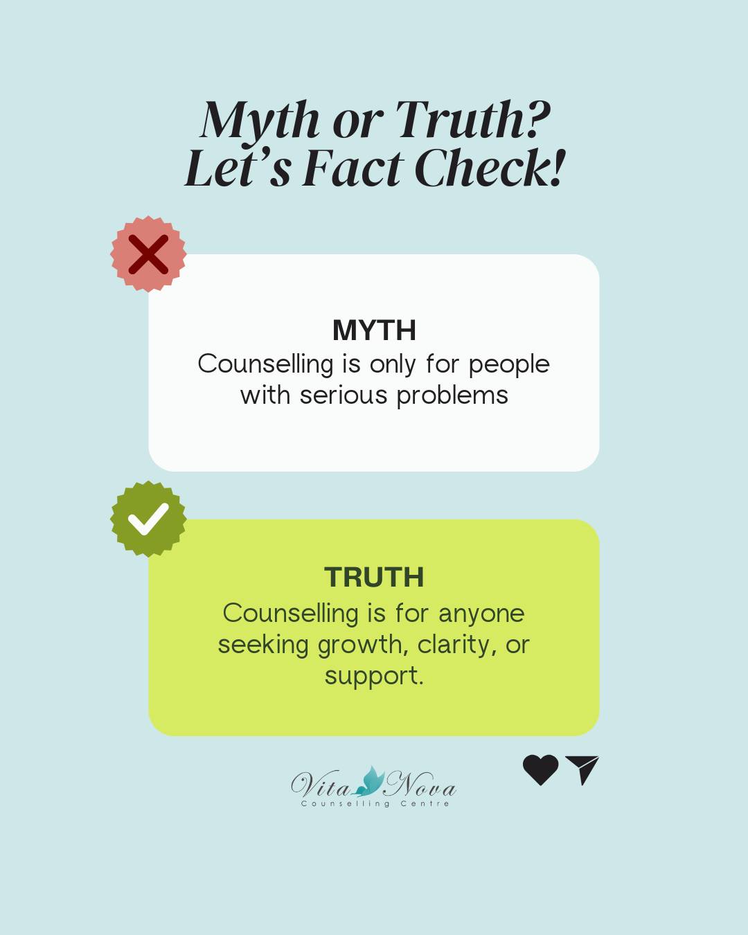 Let's unpack a few COUNSELLING MYTHS!
❌ MYTH: Counselling is only for people with serious problems!
✅ FACT: Counselling is for anyone seeking growth, clarity, or support.
Counselling is most definitely not only for crisis moments. It's also for self-discovery, growth, and support through transitions.
Everyone deserves a space to be heard.
To secure a session with one of our counsellors, visit:
vitanova.co.za
#CounsellingForAll #MentalWellness