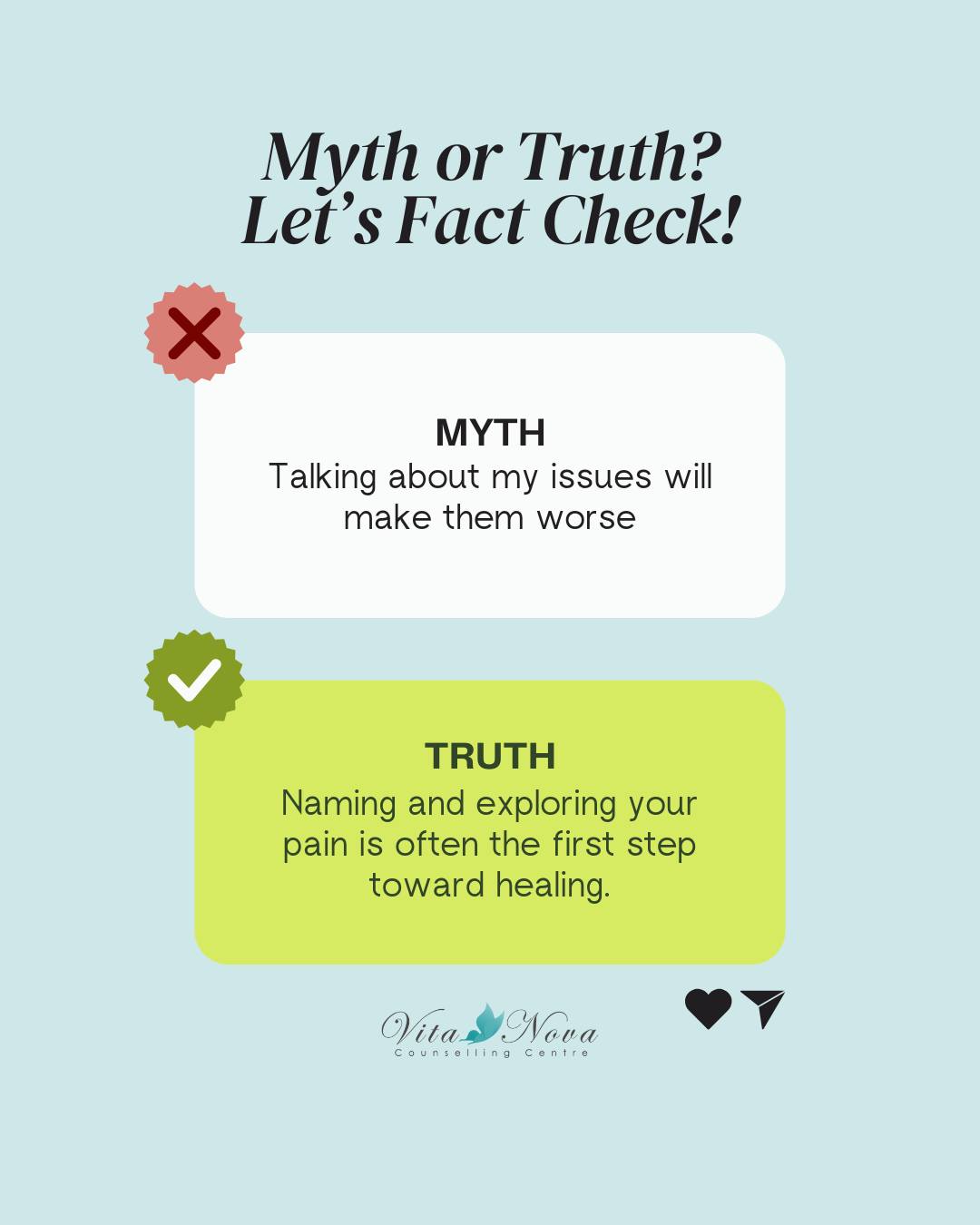 Let's unpack some COUNSELLING MYTHS!
❌ MYTH: Talking about my issues will make them worse
✅ FACT: Naming and exploring your pain is often the first step toward healing.
Avoidance often makes pain grow.
Talking through your struggles helps you process and release them, not amplify them.
If you need someone safe to talk to, visit:
vitanova.co.za
#TalkToHeal #EmotionalProcessing