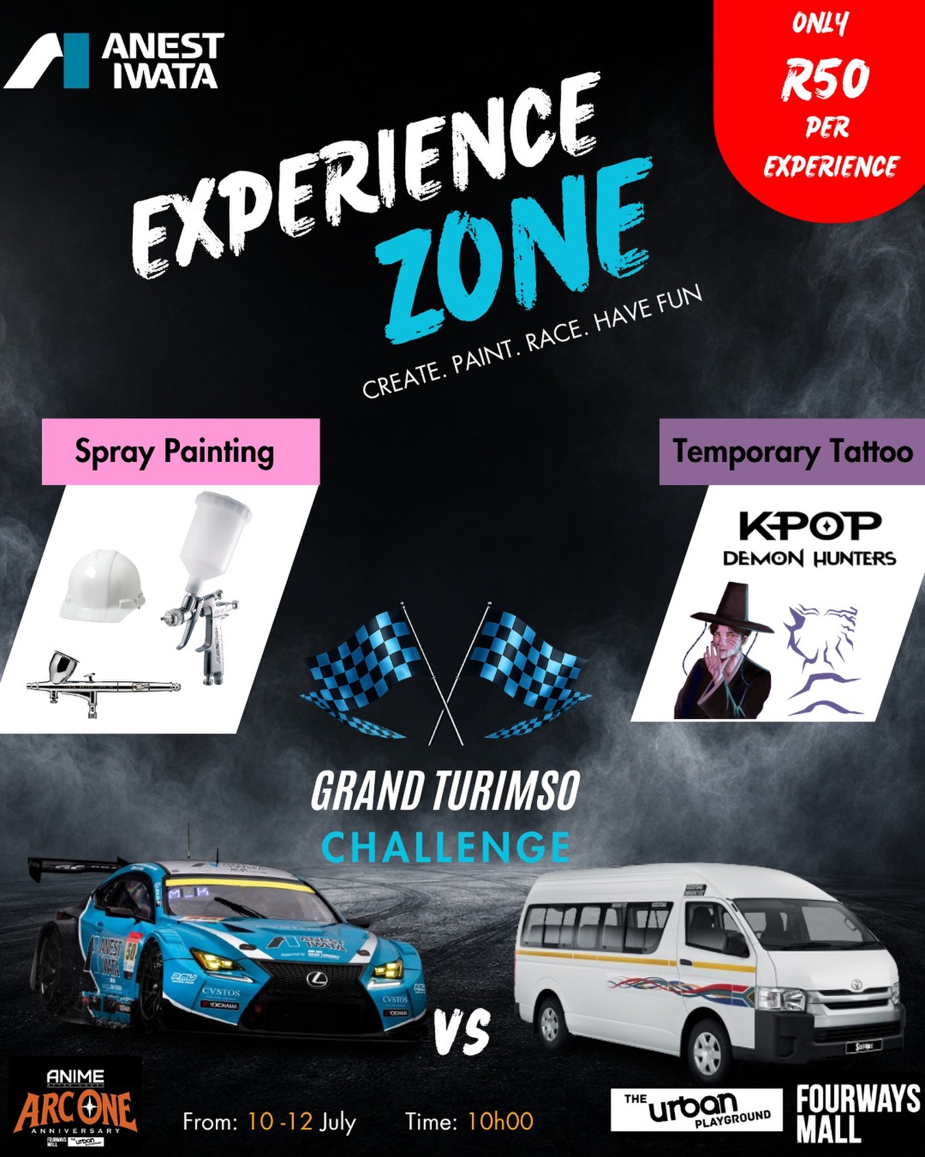 🏁 The Experience Zone is calling! 🏁
Think you have got what it takes? Come test your spray-painting skills, get a temporary tattoo, and settle the ultimate showdown... Anest Iwata Race Car 🏎️ vs South African Taxi 🚌 – who are you backing? 😅
📅 10–12 July
⏰ From 10:00
We will see you at the Experience Zone! 💙
.
.
#ExperienceZone #AnimeArcone #FourwaysMall #GrandTurismoChallenge #CreatePaintRace