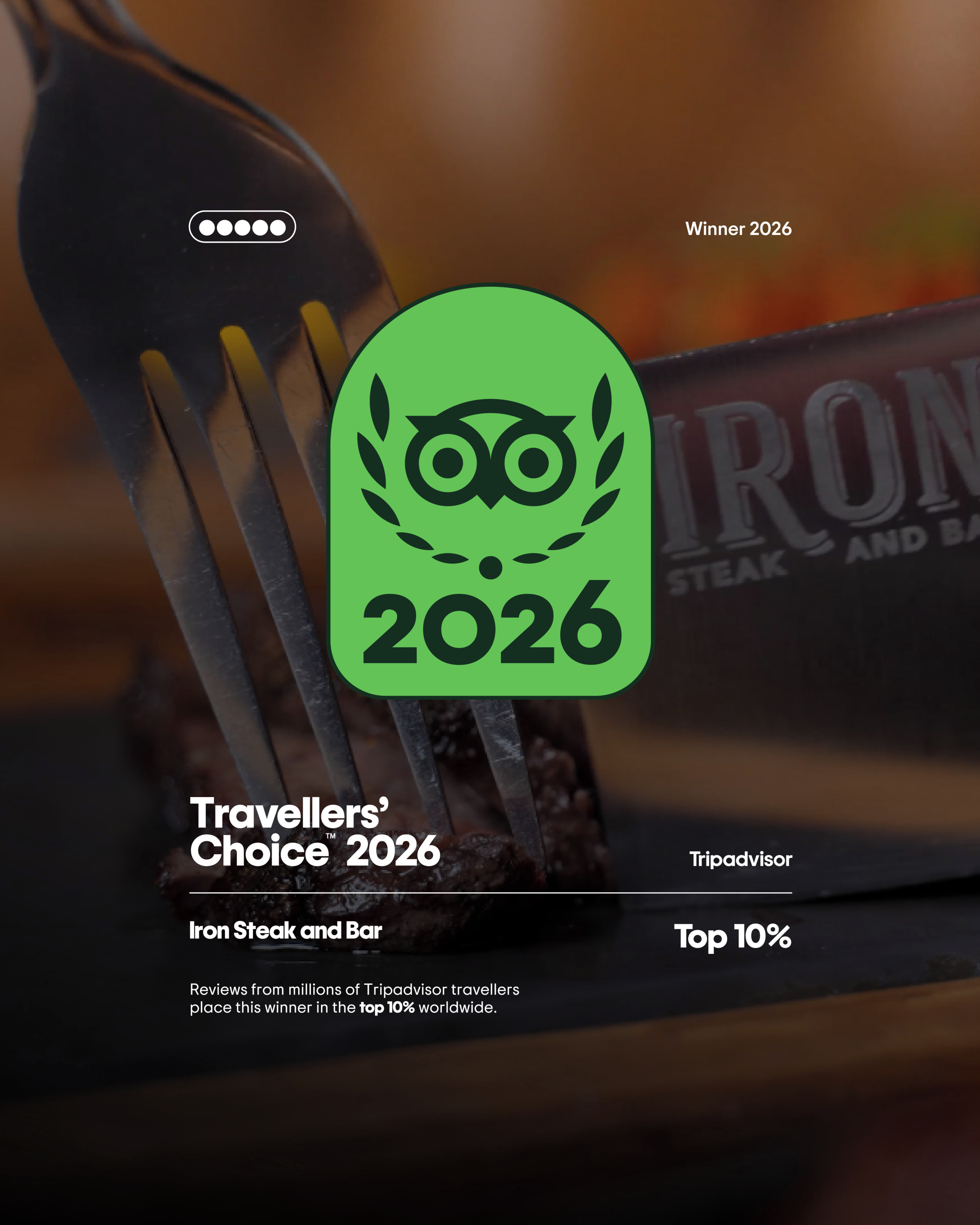 Big news from the grill. 🔥
@tripadvisor has named Iron a 2026 Travellers' Choice winner, placing us in the top 10% of restaurants around the world. We don't take that lightly. It comes straight from the people who sat at our tables and took the time to write about it.
To everyone who's shared a steak with us this year, thank you. The grill's hot. Come see us.
#IronSteakSA #TravellersChoice #Tripadvisor #CapeTownSteak #BreeStreet